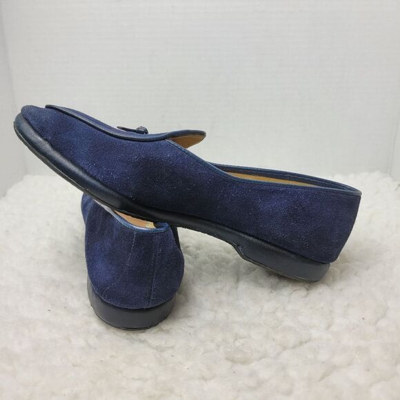 Belgian  Midinette Womsn's Slippers Shoes Size 7 Navy Blue Suede Loafers Bow Tie - Picture 8 of 12
